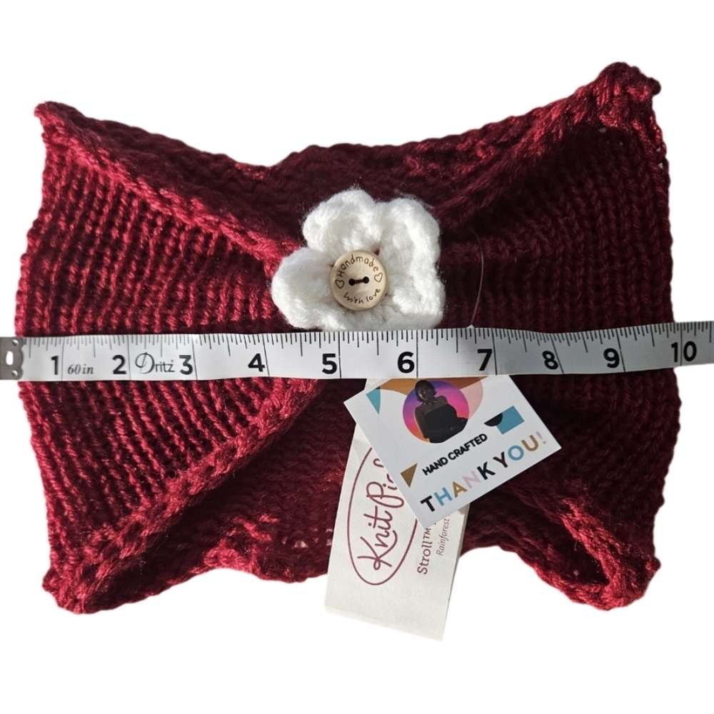 Hand Crafted 3 in 1 hair accessory crochet floral ear warmer Winter headband red - Picture 14 of 17